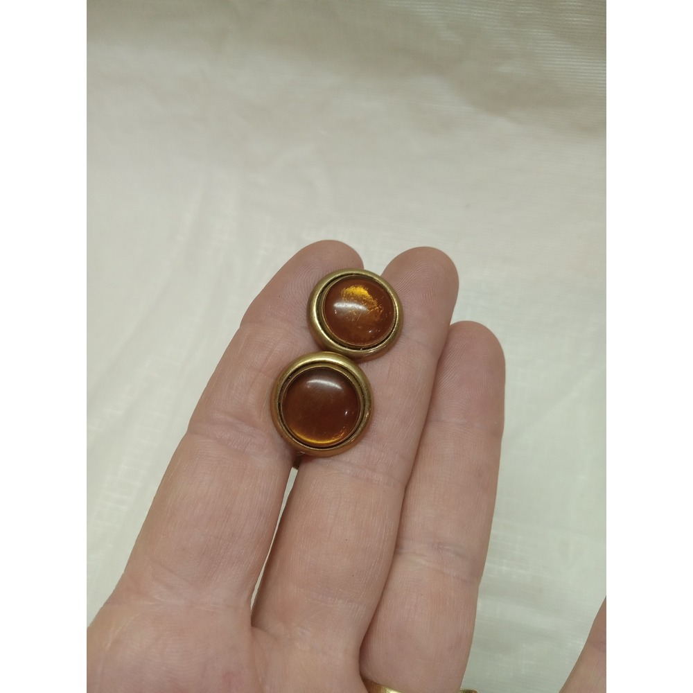 Vintage Gold Tone Amber Cabochon Round Toggle Back Cufflinks Mens Accessories